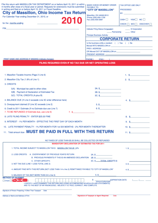 Income Tax Return Form - City Of Massillon - 2010 Printable pdf