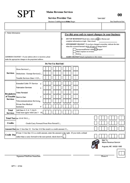 Form Spt-1 - Maine Revenue Services Service Provider Tax - 2004 Printable pdf