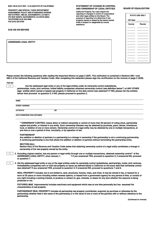 Fillable Form Boe 100 B S1f Statement Of Change In Control And 