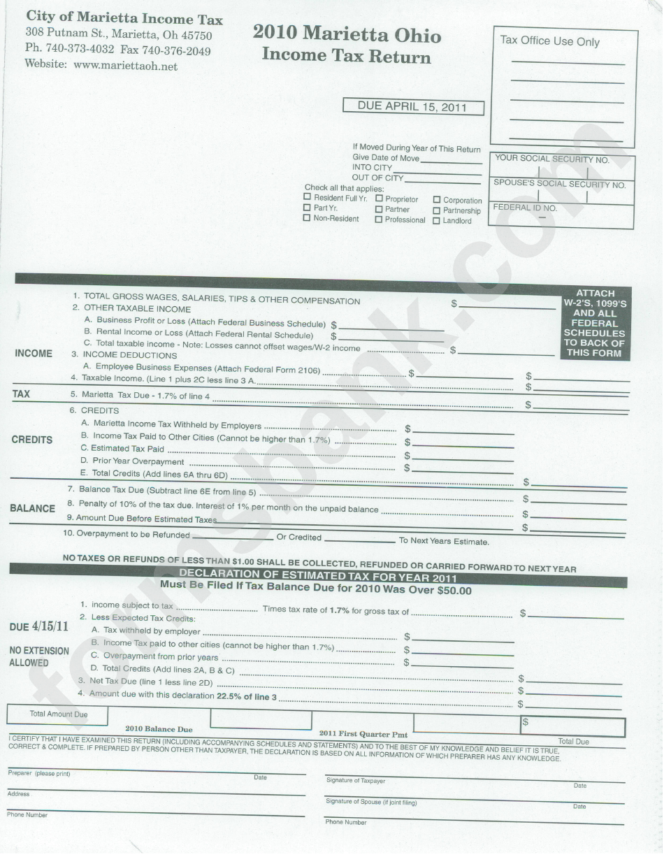 Income Tax Return Form - City Of Marietta - 2010