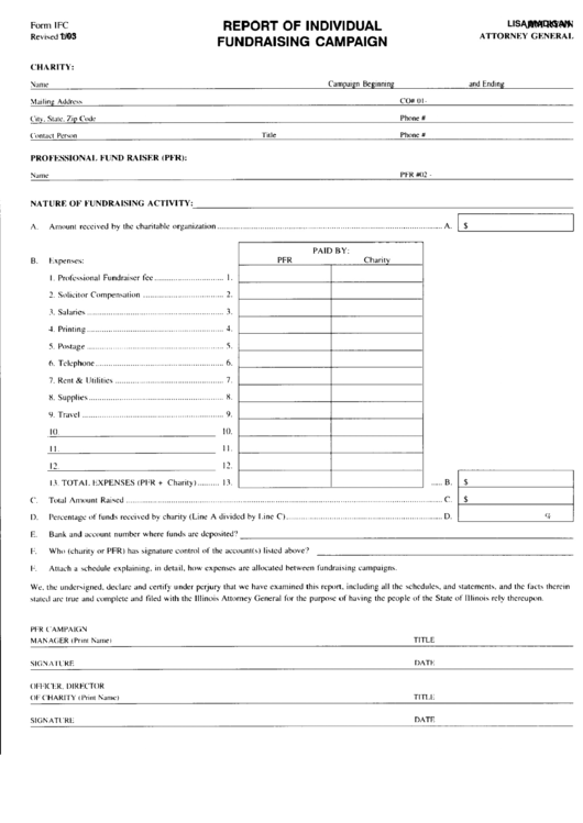 Form Ifc - Report Of Individual Fundraising Campaign - Illinois Attorney General Printable pdf