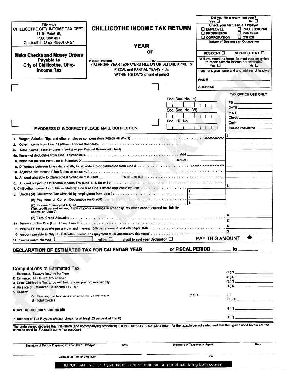 Chillicothe Tax Return printable pdf download