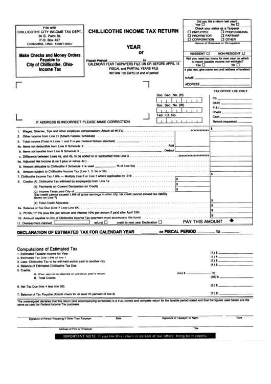 Download Chillicothe Income Tax Return printable pdf download