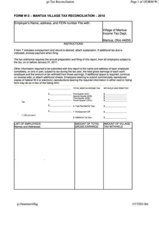 Form W-3 - Mantua Village Tax Reconciliation - 2010 Printable pdf