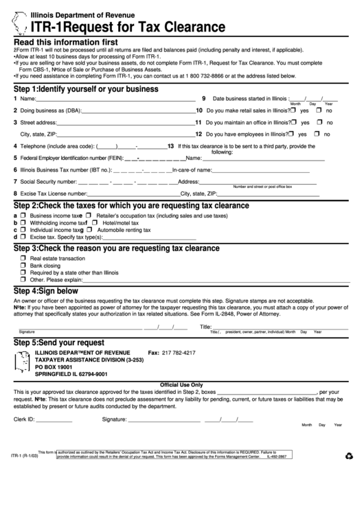 Form Itr-1 - Request For Tax Clearance - 2003 Printable pdf
