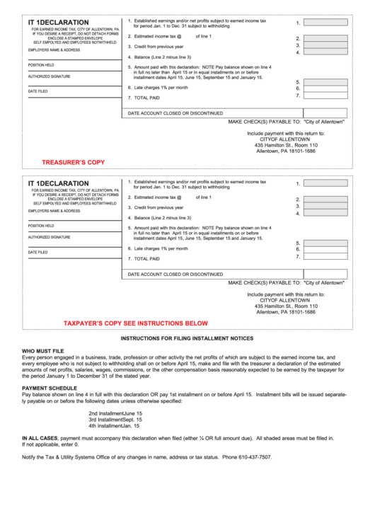 Form It 1 - Declaration - City Of Allentown Printable pdf
