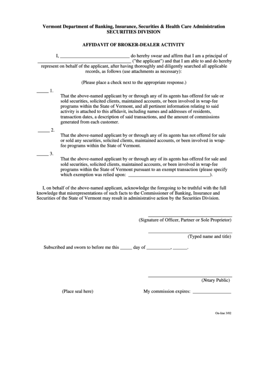 Affidavit Of Broker-Dealer Activity - Vermont Department Of Banking, Insurance, Securities & Health Care Administration Printable pdf
