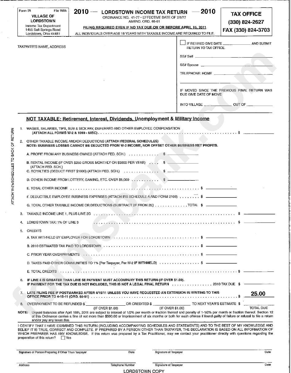 Form Ir - Income Tax Return - Village Of Lordstown - 2010