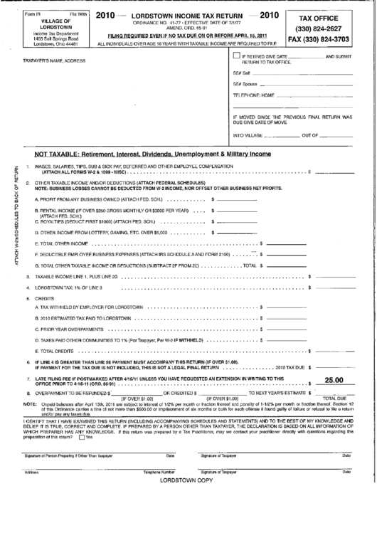 Form Ir - Income Tax Return - Village Of Lordstown - 2010 Printable pdf