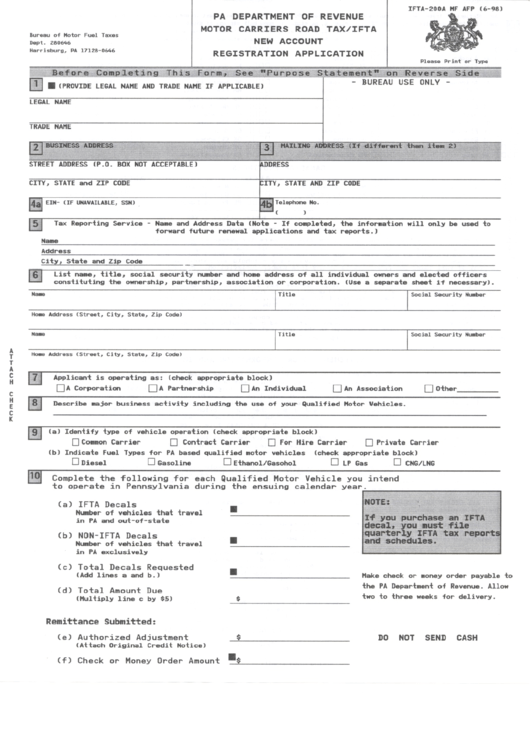 Form Ifta-200a - Motor Carriers Road Tax/ifta New Account Registration Application - 1998 Printable pdf
