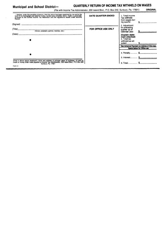 Form 3 - Quarterly Return Of Income Tax Withheld On Wages Printable pdf