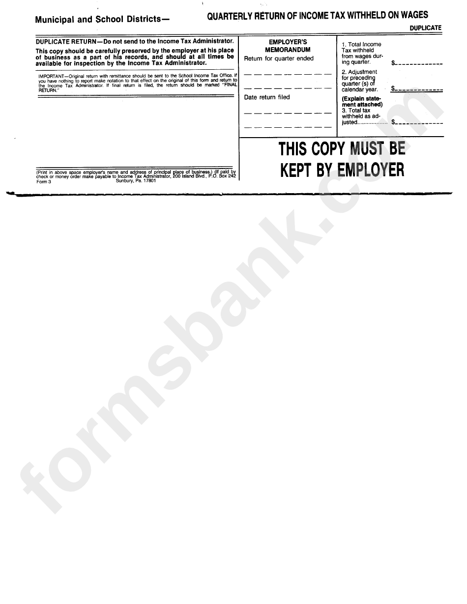 Form 3 - Quarterly Return Of Income Tax Withheld On Wages