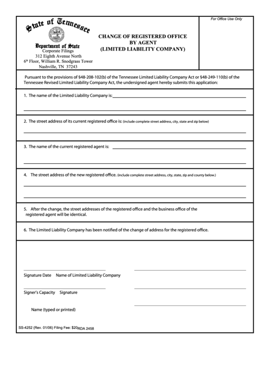 Form Ss-4252 - Change Of Registered Office By Agent (Limited Liability Company) - Departmrent Of State Tennessee Printable pdf