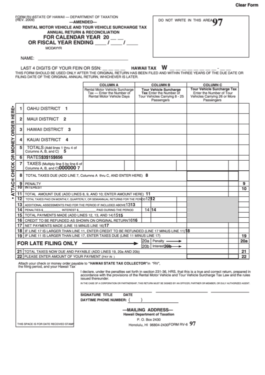 Fillable Form Rv-6 - Rental Motor Vehicle And Tour Vehicle Surcharge Tax Annual Return & Reconciliation Printable pdf