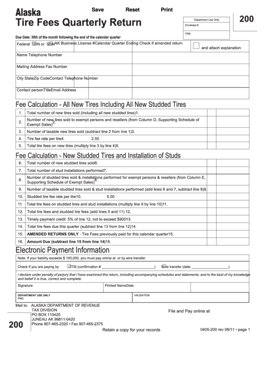 Fillable Form 0405-200 - Alaska Tire Fees Quarterly Return Printable pdf
