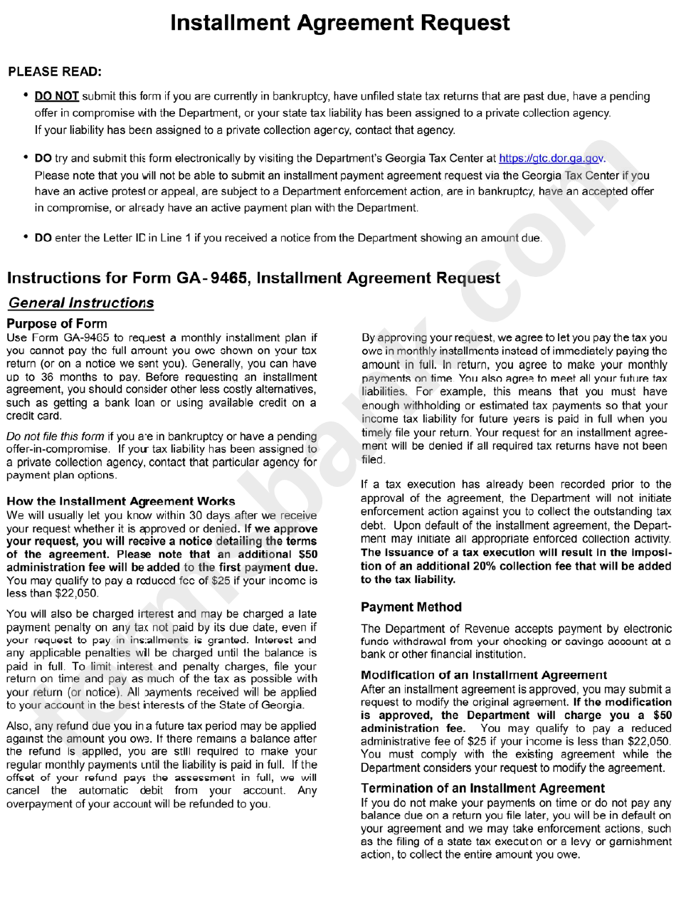 Instructions For Form Ga-9465, Installment Agreement Request