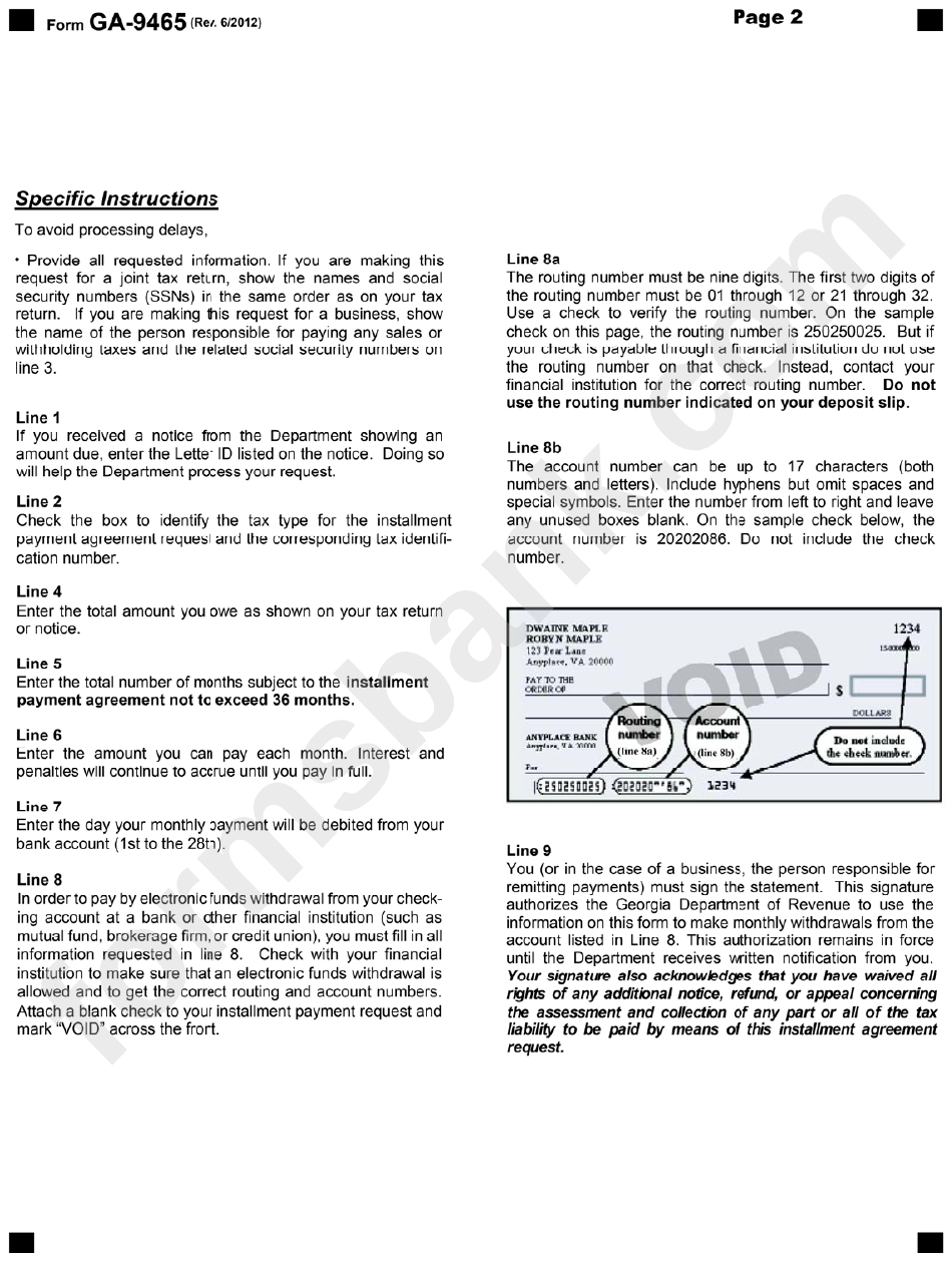 Instructions For Form Ga-9465, Installment Agreement Request