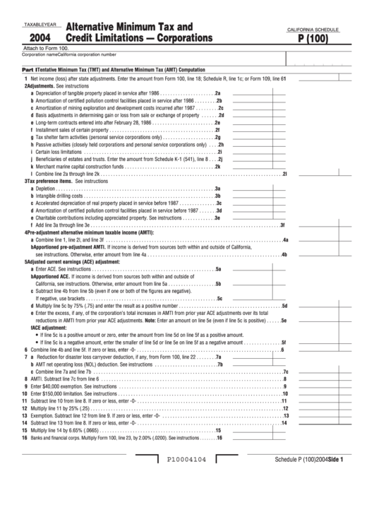 California Schedule P (100) - Alternative Minimum Tax And Credit Limitations-Corporations - 2004 Printable pdf