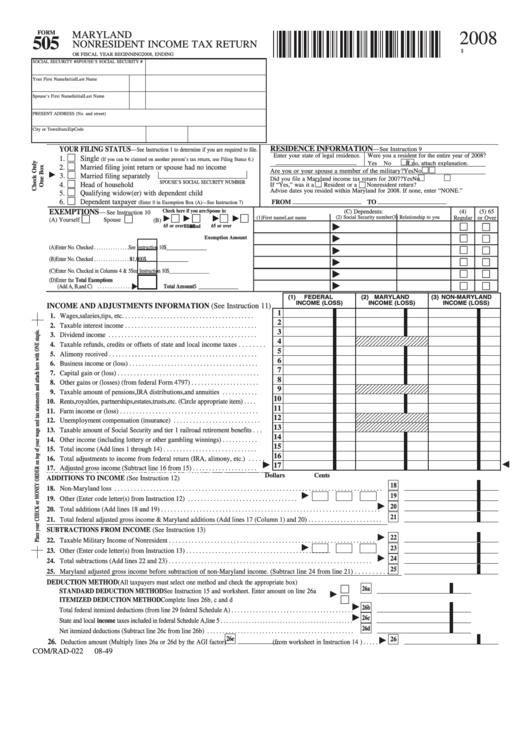 Fillable Form 505 - Maryland Nonresident Income Tax Return - 2008 Printable pdf