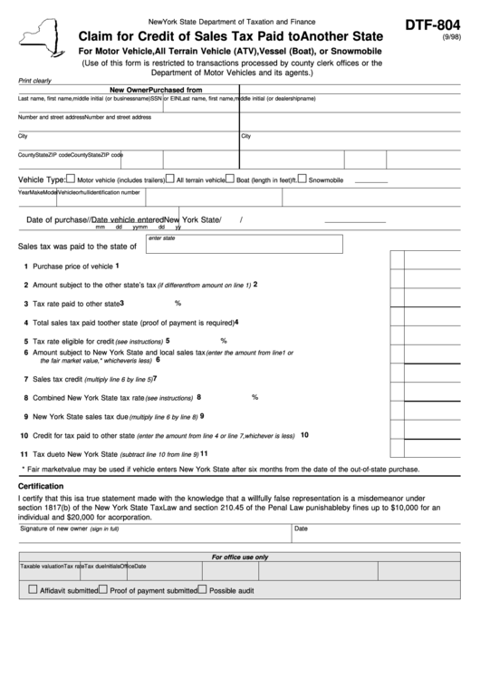 Form Dtf-804 - Claim For Credit Of Sales Tax Paid To Another State - New York State Department Of Taxation And Finance Printable pdf