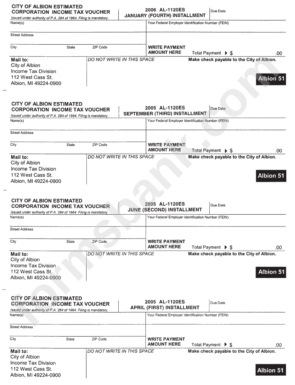 Form Al1120es City Of Albion Estimated Corporation Tax Voucher printable pdf download