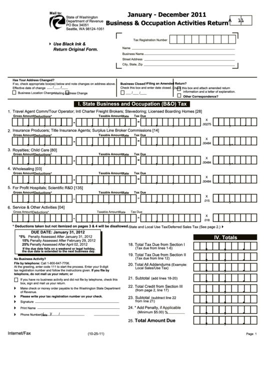 Form A-11 - Business & Occupation Activities Return - 2011 Printable pdf