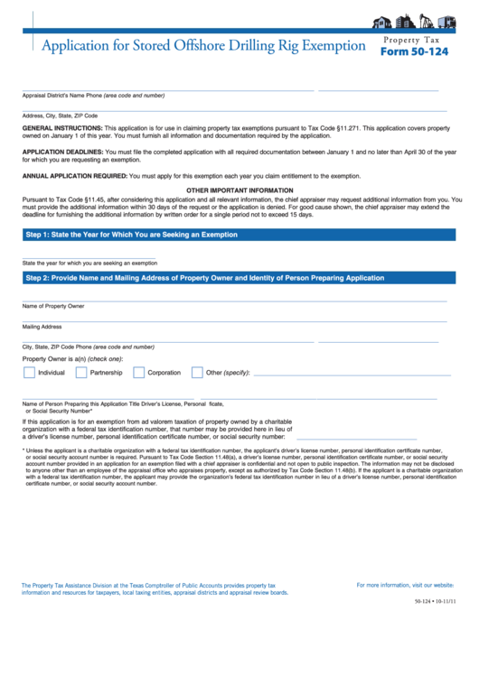 Fillable Form 50-124 - Application For Stored Offshore Drilling Rig Exemption Printable pdf