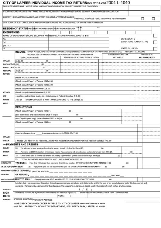 Form L-1040 - Individual Income Tax Return - City Of Lapeer - 2004 Printable pdf