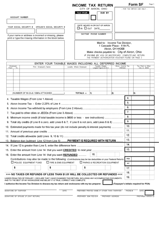 Form Sf - Income Tax Return - City Of Akron,ohio Printable pdf