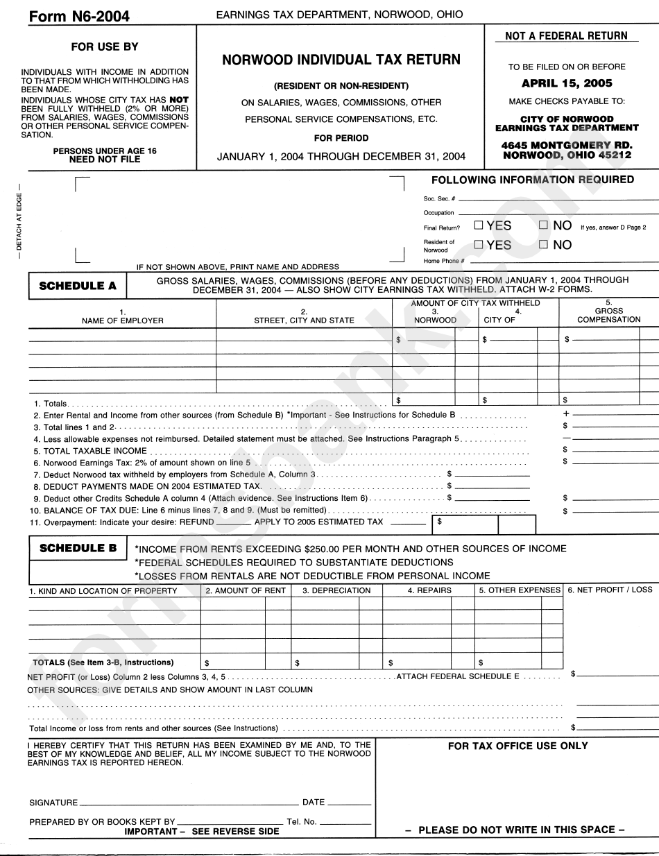 Form N6 - Norwood Individual Tax Return - 2004