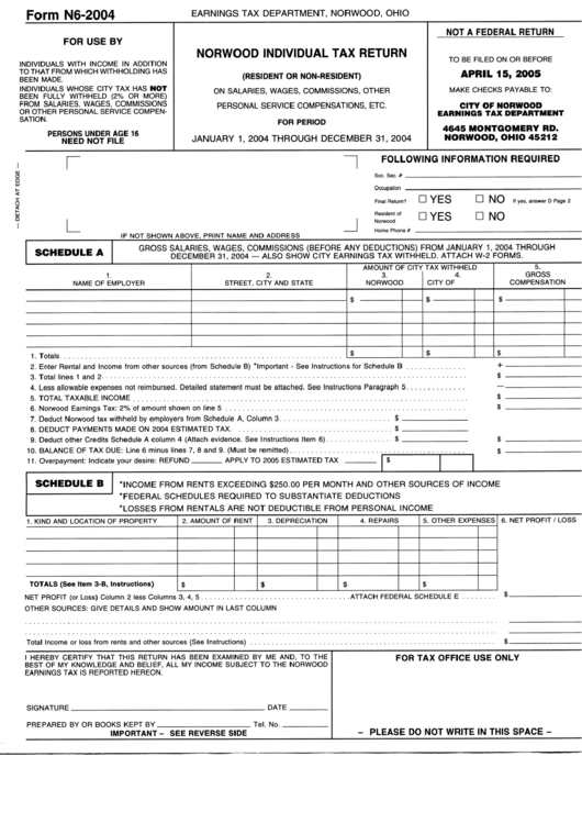 Form N6 - Norwood Individual Tax Return - 2004 Printable pdf