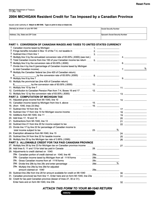 Fillable Form 777 - Michigan Resident Credit For Tax Imposed By A Canadian Province - 2004 Printable pdf