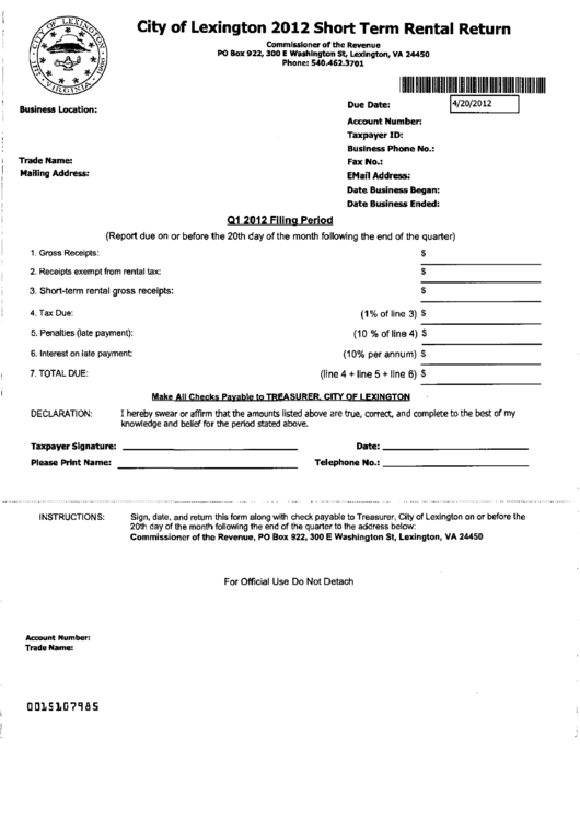 Short Term Rental Return - City Of Lexington - 2012 Printable pdf
