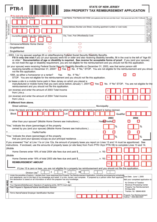 Fillable Form Ptr-1 - Property Tax Reimbursement Application - 2004 Printable pdf