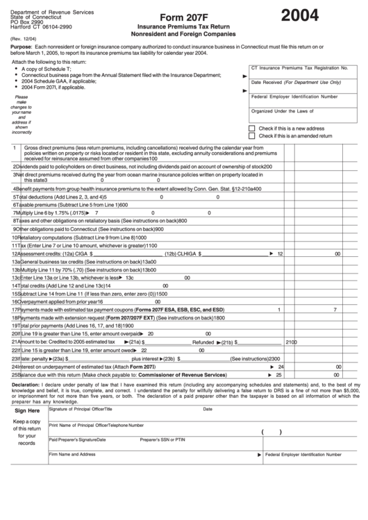 Form 207f - Insurance Premiums Tax Return Nonresident And Foreign Companies - 2004 Printable pdf