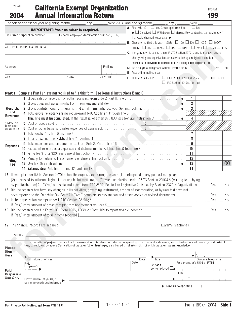Form 199 - California Exempt Organization Annual Information Return - 2004