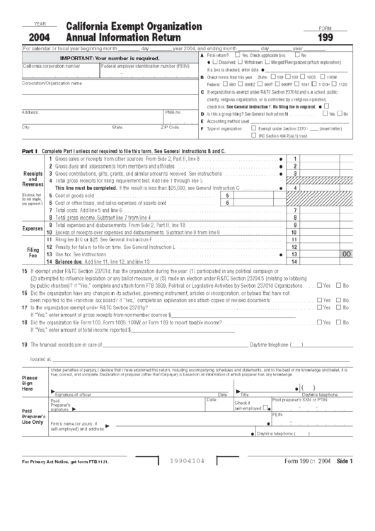 Form 199 - California Exempt Organization Annual Information Return - 2004 Printable pdf