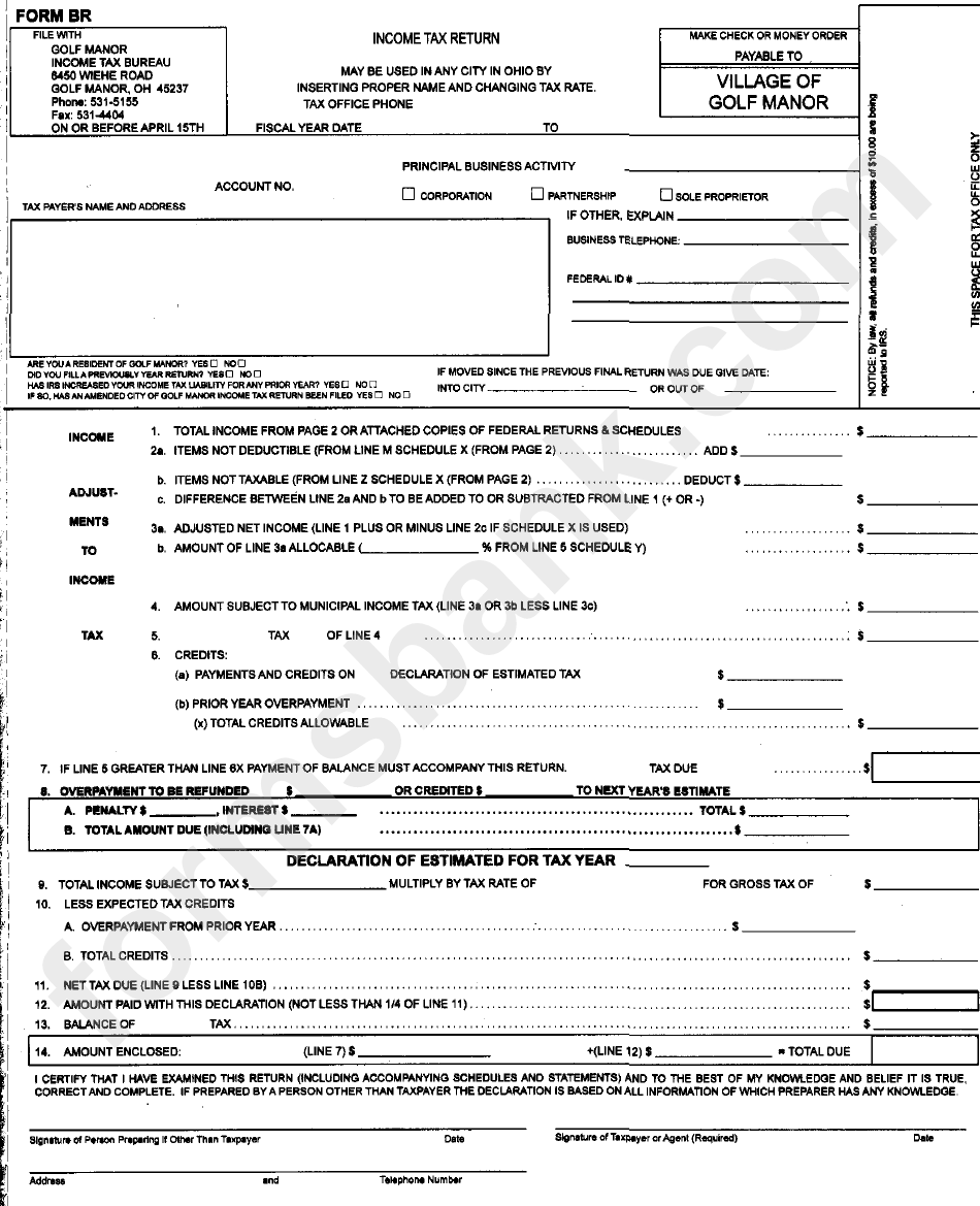 Form Br - Income Tax Return Form - Village Of Gold Manor