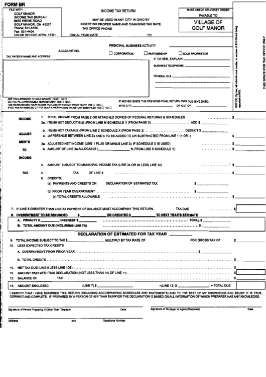 Form Br - Income Tax Return Form - Village Of Gold Manor Printable pdf