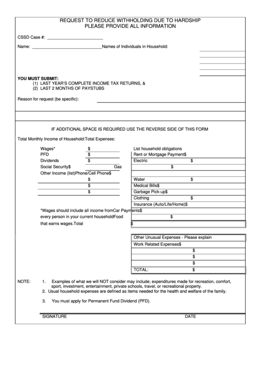 Form Cssd-04-0009 - Request To Reduce Withholding Due To Hardship (2004) Printable pdf