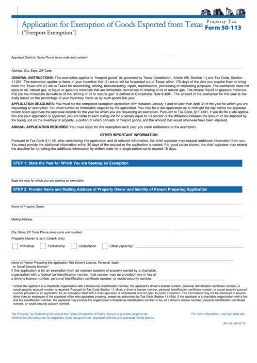 Fillable Form 50-113 - Application For Exemption Of Goods Exported From Texas Printable pdf