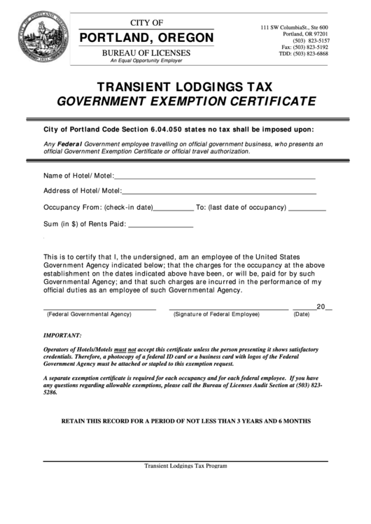 Transient Lodgings Tax Government Exemption Certificate Form - City Of Portland,oregon Printable pdf