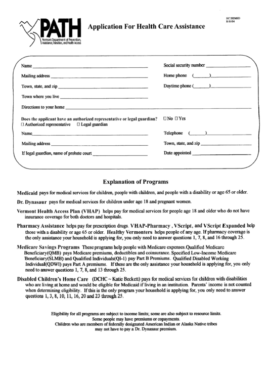 Form Hc 202med - Application For Healthcare Assistance - Vermont Printable pdf