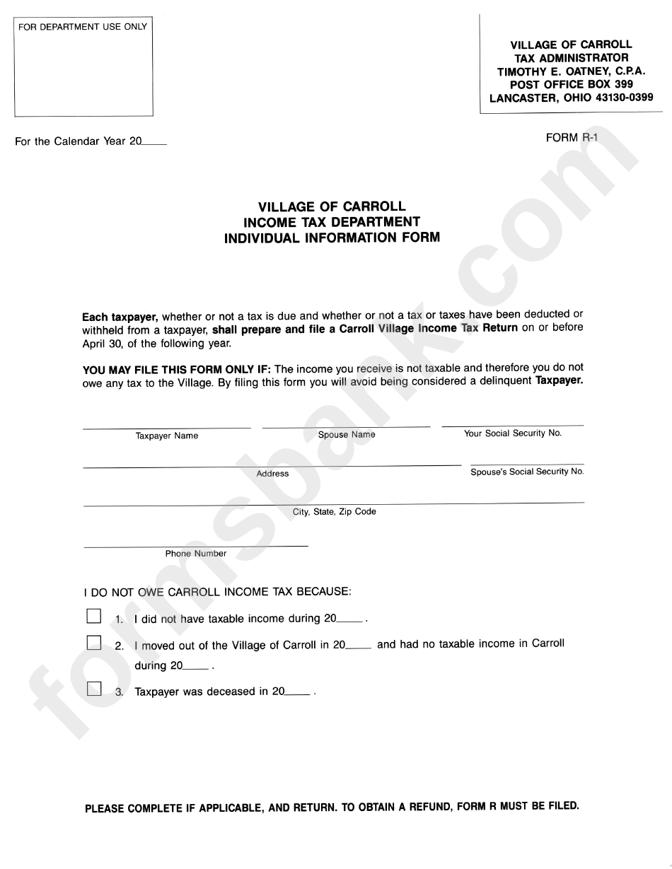 Form R-1 - Individual Information Form - Cillage Of Carrol