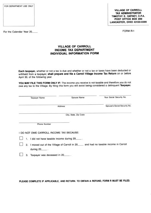 Form R-1 - Individual Information Form - Cillage Of Carrol Printable pdf