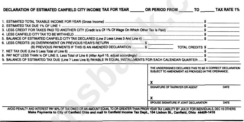 Declaration Of Estimated Income Tax - City Of Canfield