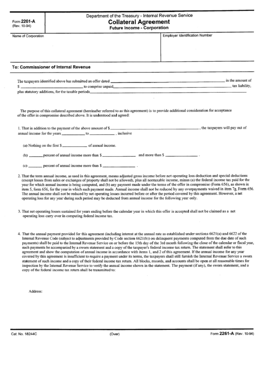 Form 2261-A - Collateral Agreement - Future Income For Corporations Printable pdf