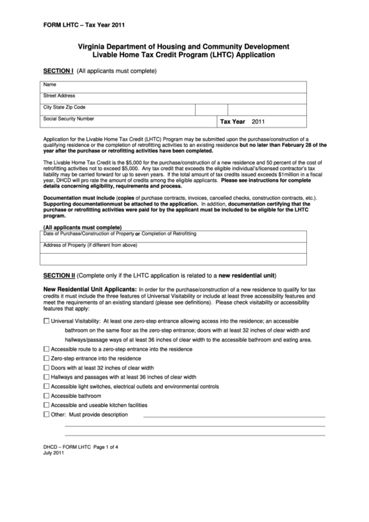 Form Lhtc - Livable Home Tax Credit Program (Lhtc) Application - 2011 Printable pdf