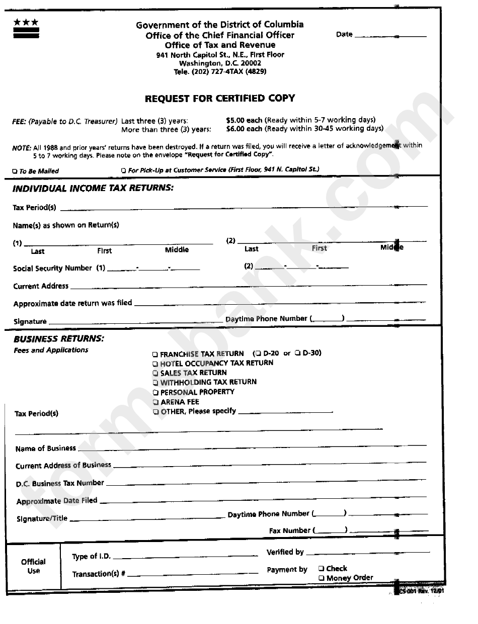 Form Cs-001 - Request Of Certified Copy - Columbia Office Of Tax And Revenue