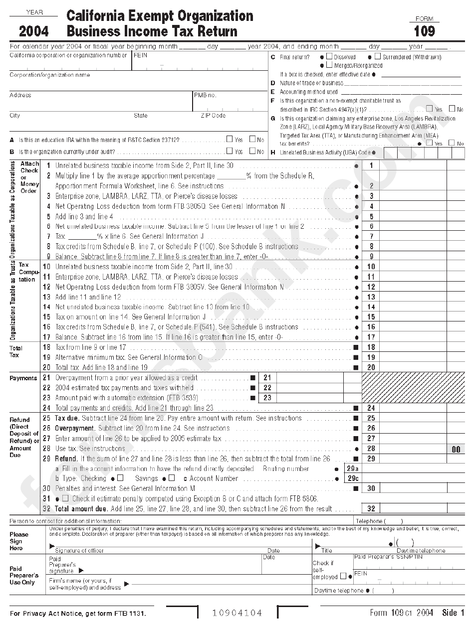 Form 109 - California Exempt Organization Business Income Tax Return - 2004